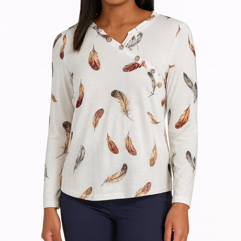 NoraCora Feather Print Button Detail Long Sleeve Top XL NWT